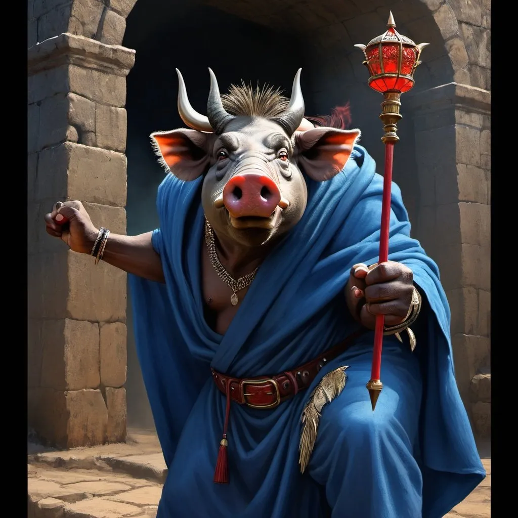 Prompt: angry warthog, an evil anthropomorphic pig wizard holding a magic scepter, the man has the face of a warthog instead of a human face, large tusks, warthog's tusks, tusks on the side of his mouth, red glowing eyes, dull dark blue colored robe, short blue leather cap with spikes, fists clenched, holding a scepter, background is a labyrinth of stone walls, dungeon background, spikey headwear, 