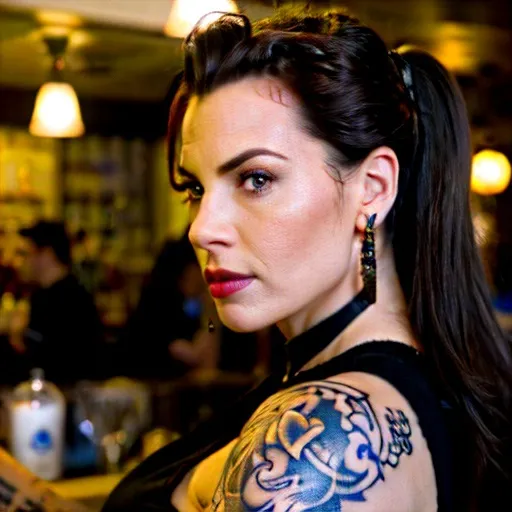Prompt: jadzia dax as a bartender with many tattoos