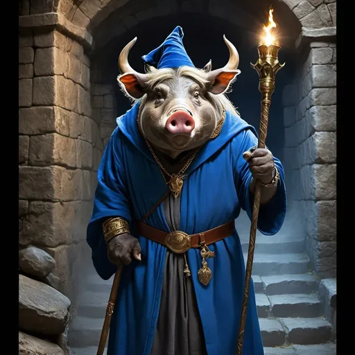Prompt: angry warthog, an evil anthropomorphic pig wizard holding a magic scepter, the man has the face of a warthog instead of a human face, dark blue robe, blue leather cap with spikes, fists clenched, holding a scepter, background is a labyrinth of stone walls, dungeon background,  