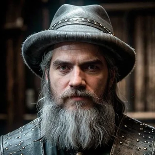 Prompt: henry cavill with a beard as a wizard in a terry pratchett fantasy world, grey beard, wizard hat, grey hair, witcher, Geralt of Rivia