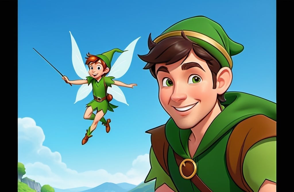 Prompt: a guy who looks like peter pan or robin hood with a green cap is shrugging while a fairy floats nearby, smiling cartoon man with dark brown hair and a green cap, green hat, blue sky and some fantasy terrain in the background, cartoon, bright colors, simple animation style, robin hood style clothes, cartoony art style, saturday morning cartoon