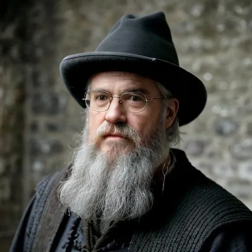 Prompt: henry cavill with a beard as a wizard in a terry pratchett fantasy world, grey beard, wizard hat, grey hair