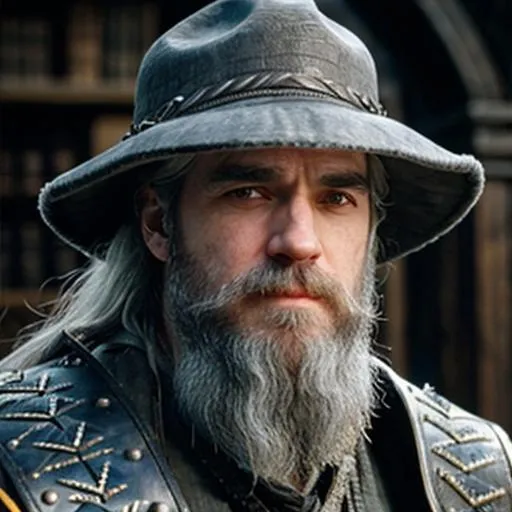 Prompt: henry cavill with a beard as a wizard in a terry pratchett fantasy world, grey beard, wizard hat, grey hair, witcher, Geralt of Rivia