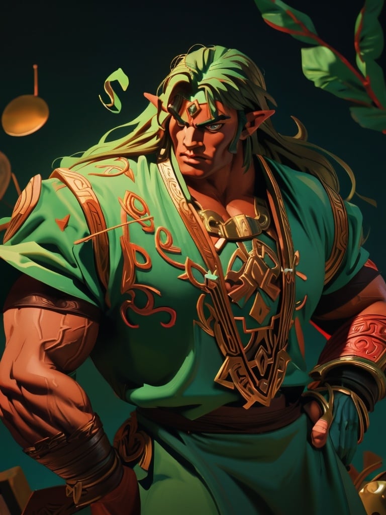 Prompt: ganondorf from ocarina of time, a muscular man with dark skin wearing a toga, muscular chest