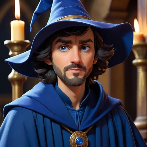 Prompt: a kind middle-aged wizard with a short beard, dark hair, pointy blue hat, dark blue robes