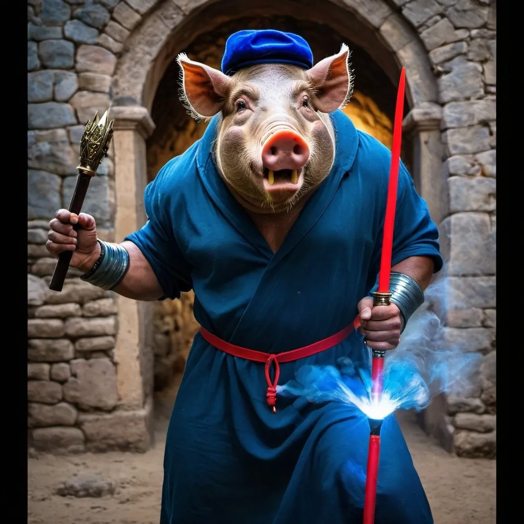 Prompt: angry warthog, an evil anthropomorphic pig wizard holding a magic scepter, the man has the face of a warthog instead of a human face, large tusks, warthog's tusks, red glowing eyes, dull dark blue colored robe, short blue leather cap with spikes, fists clenched, holding a scepter, background is a labyrinth of stone walls, dungeon background,  