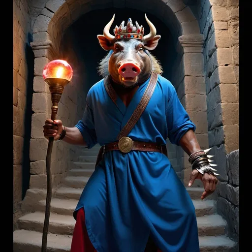 Prompt: angry warthog, an evil anthropomorphic pig wizard holding a magic scepter, the man has the face of a warthog instead of a human face, large tusks, warthog's tusks, tusks on the side of his mouth, red glowing eyes, dull dark blue colored robe, short blue leather cap with spikes, fists clenched, holding a scepter, background is a labyrinth of stone walls, dungeon background, spikey headwear, 