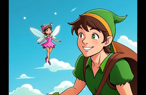 Prompt: a guy who looks like peter pan or robin hood with a green cap is shrugging while a female fairy floats nearby, smiling cartoon man with dark brown hair and a green cap with a tiny beautiful woman nearby, the fairy has a little pink dress on, blue sky and some fantasy terrain in the background, cartoon, bright colors, simple animation style, robin hood style clothes, cartoony art style, saturday morning cartoon