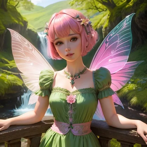 Prompt: a pink haired fairy with a short bob cut with bangs, green dress, fairy, pretty, fantasy, magical, mythical, Celtic faeries, highly detailed face, beautiful face