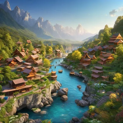 Prompt: a fantasy town in middle earth, Fantasy village, wooden houses, rocks, beautiful terrain, high quality, trending on artstation, highly detailed,
immaculate highly detailed render by Ted Nasmith, Marc Simonetti, and Andreas Rocha, trending on artstation HD, trending on cgsociety, global illumination, high dynamic range, hdr, rich, textured, large depth of field, no blur, 8k, concept art, 