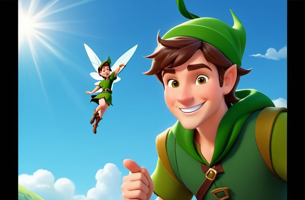 Prompt: a guy who looks like peter pan or robin hood with a green cap is shrugging while a fairy floats nearby, smiling cartoon man with dark brown hair and a green cap, green hat, blue sky and some fantasy terrain in the background, cartoon, bright colors, simple animation style, robin hood style clothes, cartoony art style, saturday morning cartoon