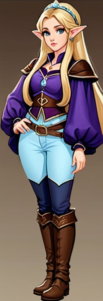 Prompt: a detailed and intricate cartoon image of a beautiful princess from a fantasy story, long blonde hair with a hairband, disappointed look on face, elf ears, aloof, dark purple shirt with poofy shoulders, Juliet sleeves, light blue vest over shirt, light blue pants, brown thigh high boots or pants, jewelry, castle interior background