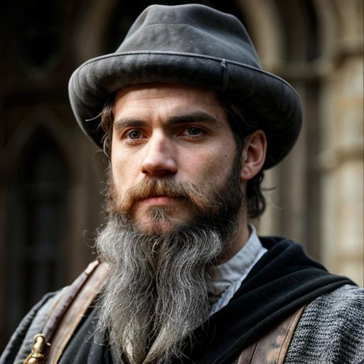 Prompt: henry cavill with a beard as a wizard in a terry pratchett fantasy world, grey beard, wizard hat, grey hair