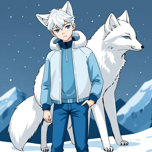 Prompt: A Arctic White fox boy with blue eyes and wearing a light blue jacket and blue pants 