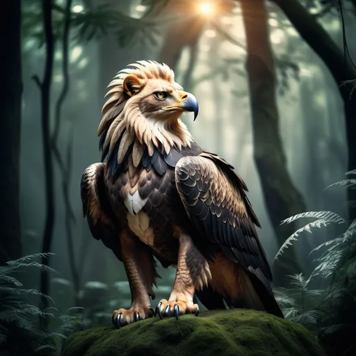 Prompt: Eagle-lion hybrid in a mystical forest, animal hybrid of an eagle and a lion, mix of lion and eagle, high quality, atmospheric lighting