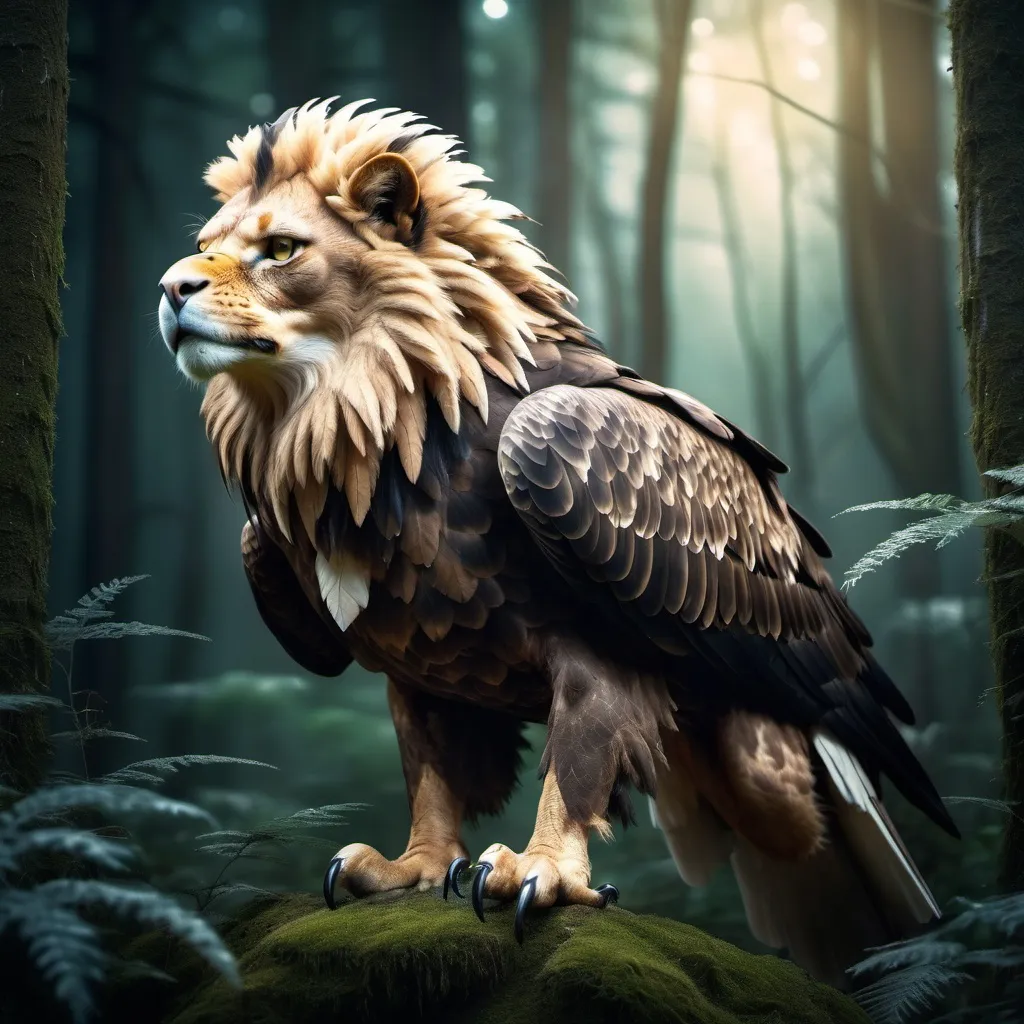 Prompt: Eagle-lion hybrid in a mystical forest, animal hybrid of an eagle and a lion, mix of lion and eagle, high quality, atmospheric lighting