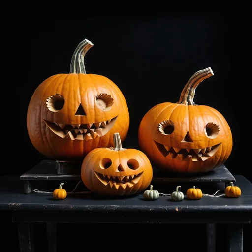 Prompt: a couple of pumpkins sitting on top of a table next to each other on a black background with a caption below, Felipe Seade, video art, pincushion lens effect, a stock photo