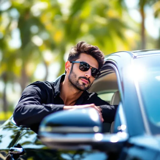 Prompt: A confident man leans against the open window of a sleek black car, wearing stylish sunglasses and a black shirt that accentuates his cool demeanor. The sunlight glimmers off the car's polished surface, creating a vibrant contrast with the blurred greenery of palm trees in the background. Inside the vehicle, the light-colored upholstery complements the car’s dark exterior, while a hint of a warm, sunny day adds a relaxed ambiance to the scene. The composition captures an inviting moment, exuding a sense of freedom and leisure, as the man gazes intently into the distance, hinting at a story waiting to unfold.