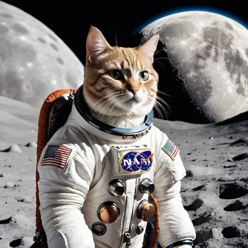 Prompt: Make a meme of a Cat, in a Space suit on the Moon 
