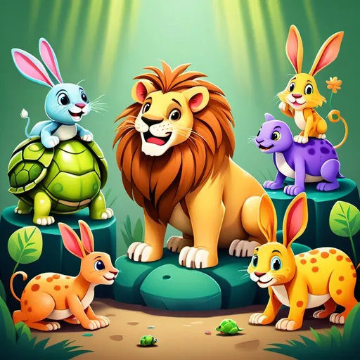 Prompt: Here is the prompt you requested for generating the image:

---

**Prompt**:
Create a colorful and cheerful scene showing various animals standing together. Among them is a shy lion, standing a bit behind and looking down at its paws; a forgetful turtle, who appears a bit confused and is hiding inside its green shell; and a hyperactive rabbit, looking very excited with a sparkle in its eyes. These three animals appear to be a team, with a beautiful and vibrant forest or open field in the background. The animals have expressions of laughter and friendship, showing they are ready to help each other.

---

Let me know if you'd like me to generate the image for you!