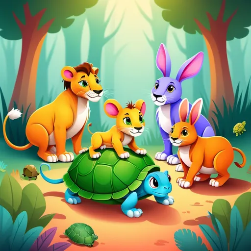 Prompt: Here is the prompt you requested for generating the image:

---

**Prompt**:
Create a colorful and cheerful scene showing various animals standing together. Among them is a shy lion, standing a bit behind and looking down at its paws; a forgetful turtle, who appears a bit confused and is hiding inside its green shell; and a hyperactive rabbit, looking very excited with a sparkle in its eyes. These three animals appear to be a team, with a beautiful and vibrant forest or open field in the background. The animals have expressions of laughter and friendship, showing they are ready to help each other.

---

Let me know if you'd like me to generate the image for you!