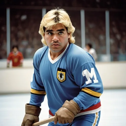 Prompt: A blond Diego Maradona scoring a goal in hockey. Make him with blond hair and blue eyes