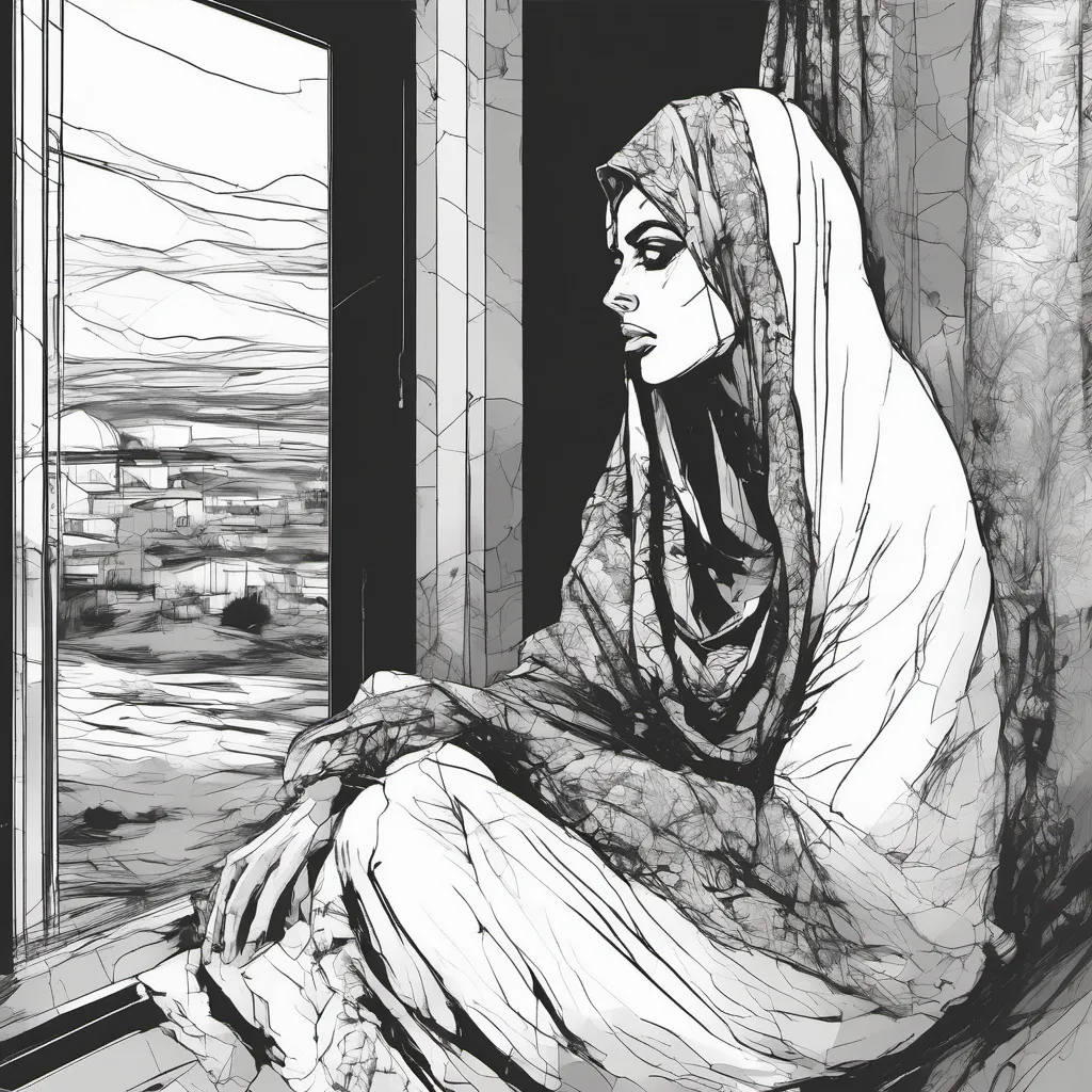 Prompt: a black and white image of a middle eastern woman sitting by her window with a veil around her face, watching intently and frightened