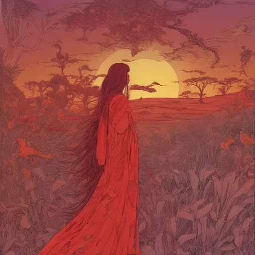 Prompt: In style of moebius, make a picture of a red-headed, woman, looking at her own dream images. The images are of animals, local southern people, fields of green grass, desserts and plants. Make sure the background images have green, yellow  and blue colors, not red
