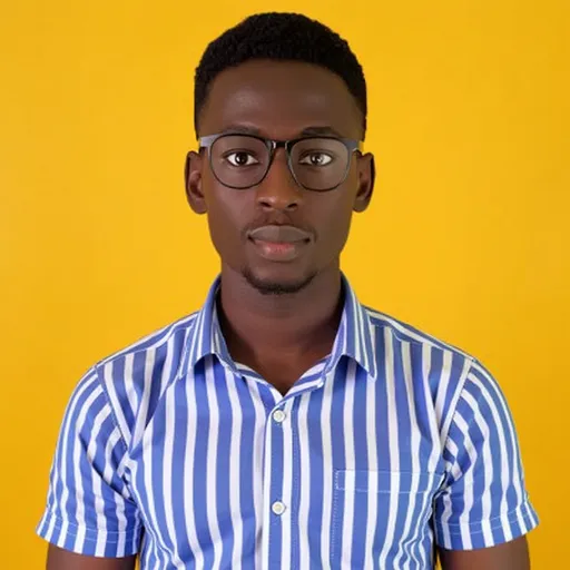 Prompt: Bright yellow serves as the bold backdrop for a young man with a composed expression, presenting himself confidently in the center of the frame. He wears a short-sleeved, vertically striped shirt in shades of blue and white, paired with round glasses that accentuate his thoughtful demeanor. His hair is neatly cropped, complementing his clean-shaven look, and the subtle play of light highlights his facial features, creating a warm and inviting atmosphere. The simplicity of the composition draws focus to him, conveying an air of professionalism and approachability, as if he is ready to engage in a conversation or share insights.
