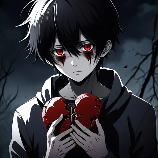Prompt: 2e broken heart  dark j horror anime style, boy, anime sceneDark trea