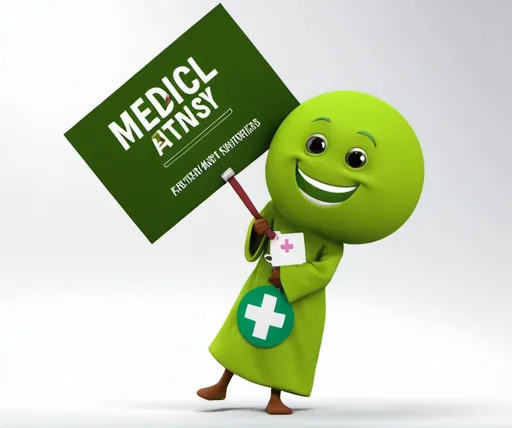 Prompt: Green fantasy character with medical sign on the robe is holding an advertisement sign