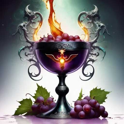 Prompt: Violent fantasy interpretation of a symbol of Dionysus, mystical wineglass, monstrous fantasy atmosphere, intricate details, high contrast, surreal, fertility symbolism, party celebration, high quality, fantasy, majestic, ethereal, abundance, surreal, fertility symbolism, celebration, party, intricate details, atmospheric lighting. Not a person