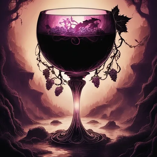 Prompt: Violent fantasy interpretation of a symbol of Dionysus, mystical wineglass, monstrous fantasy atmosphere, intricate details, high contrast, surreal, fertility symbolism, party celebration, high quality, fantasy, majestic, ethereal, surreal, vegetation, fertility, festivity, insanity, ritual madness, religious ecstasy, and theatre
atmospheric lighting. Not a person