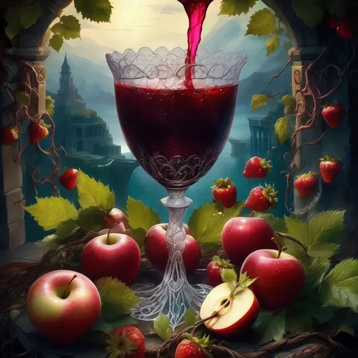 Prompt: Violent fantasy interpretation of a symbol of Dionysus, mystical wineglass, monstrous fantasy atmosphere, intricate details, high contrast, surreal, fertility symbolism, party celebration, high quality, fantasy, majestic, ethereal, abundance, surreal, fertility symbolism, celebration, party, intricate details, atmospheric lighting, abundance of fruit, apples, strawberries, feast. Not a person