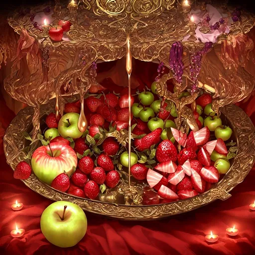 Prompt: Fantasy interpretation of a symbol of Dionysus, mystical wineglass, fantasy atmosphere, intricate details, male fertility symbolism, party celebration, high quality, fantasy, majestic, ethereal, abundance, surreal, fertility symbolism, celebration, party, intricate details, atmospheric lighting, abundance of fruit, apples, strawberries, feast, slain monsters. Not a person