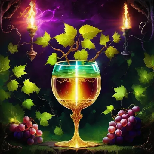 Prompt: Vibrant fantasy interpretation of a symbol of Dionysus, mystical wineglass, pleasureful fantasy atmosphere, intricate details, high contrast, surreal, fertility symbolism, party, celebration, high quality, fantasy, majestic, ethereal, surreal, vegetation, fertility, festivity, insanity, ritual madness, religious ecstasy, and theatre
atmospheric lighting. Not a person