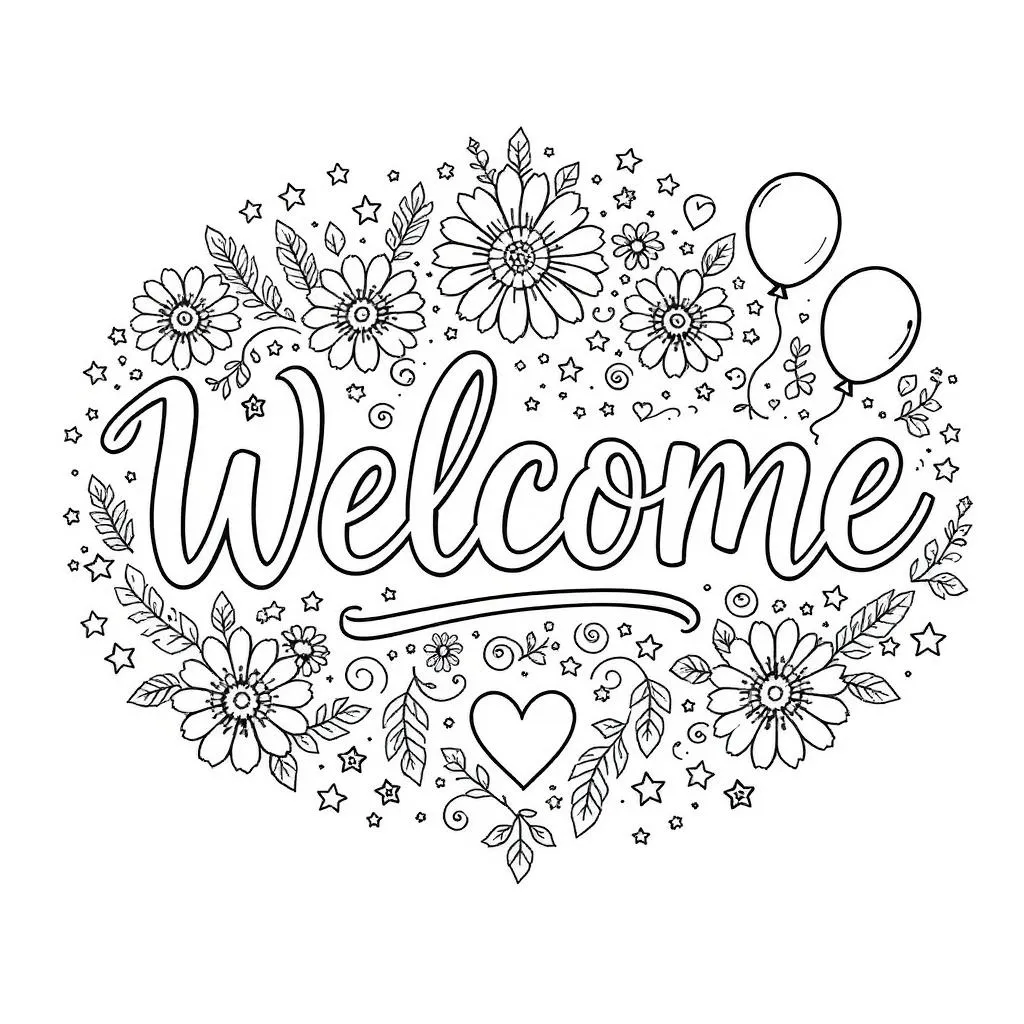 Prompt: "Black and white line art of the word 'Welcome' in beautiful hand lettering, surrounded by cute flowers, swirls, balloons, stars, hearts, and decorative doodles -- coloring page style, clean linework, no shading, white background, 8.5x11 inch format, high detail --v 6 --style raw"
