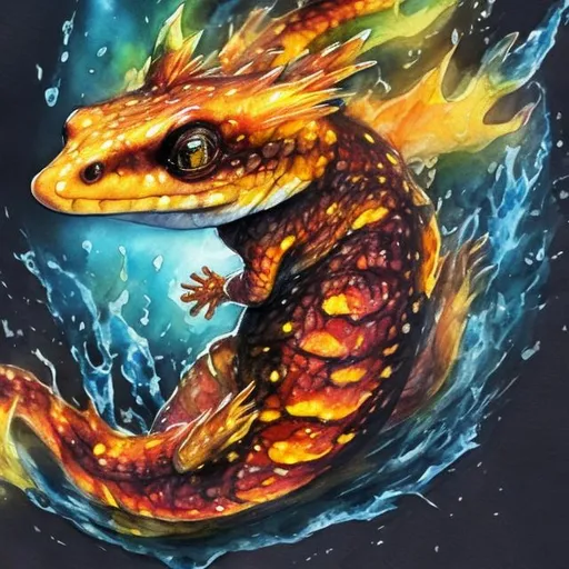 Prompt: realistic water color painting of Salamandra salamandra in fire