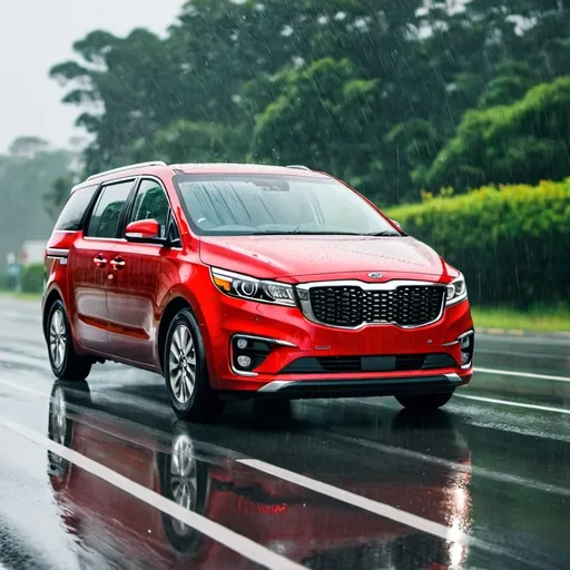 Prompt: 2018 red Kia carnival in rainy road