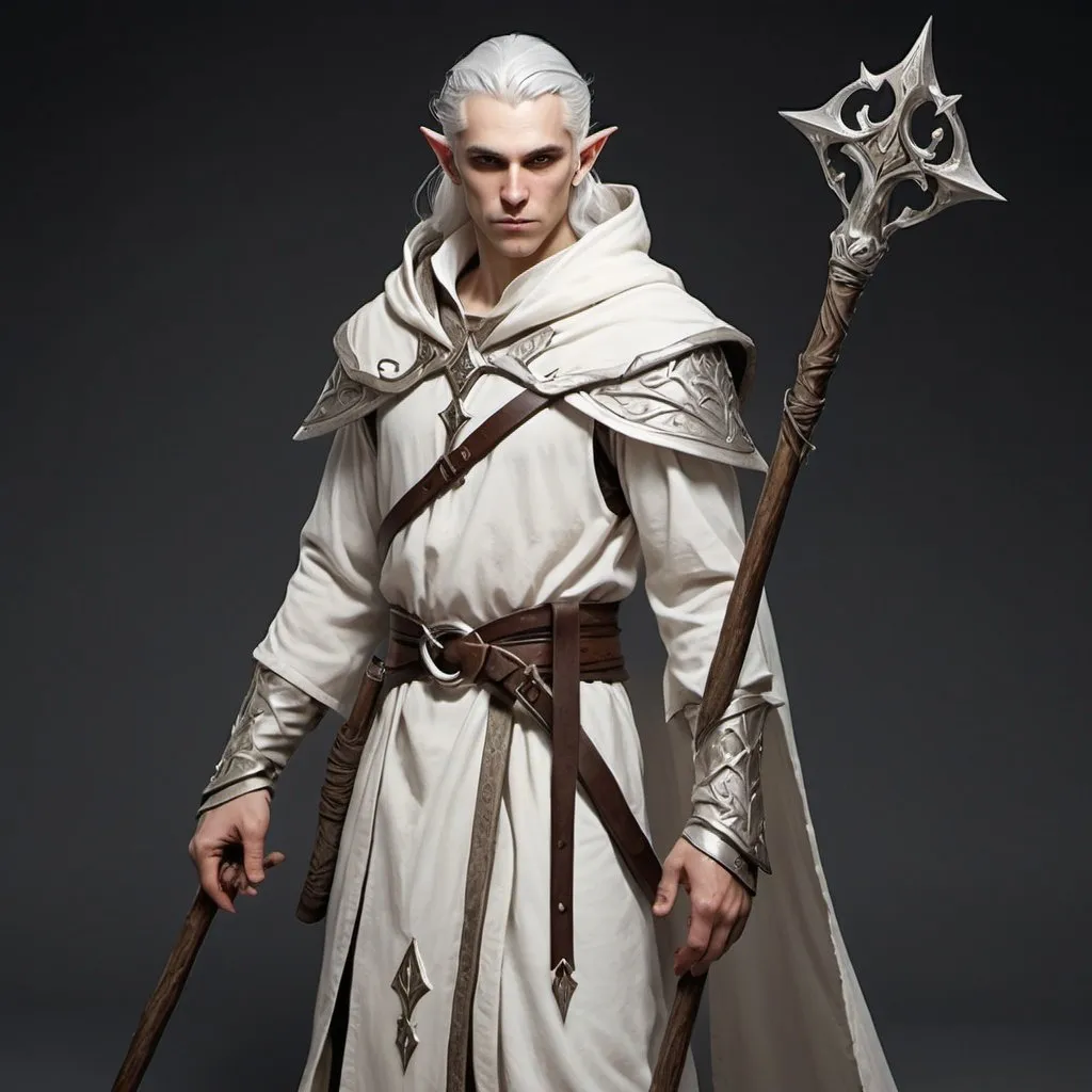 Prompt: D&d style, elf male priest, dirty white clothing from combat, wooden staff as a weapon, priest of healing godess, silver white hair, same dirty white cloack with hood 