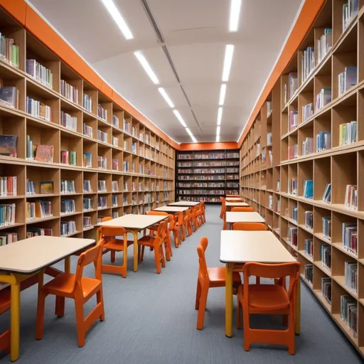 Prompt: (interior design of a school library), unique 40-foot container  a length of 39.5ft (12.03 meters), a width of 7.7ft (2.35 meters), and a height of 7.9ft (2.39 meters)., (cozy atmosphere), filled with a stunning collection of 2000 books, modern folding chairs, stylish folding tables, warm lighting enhancing the inviting space, arrangements of books in organized shelves, minimalist decor, beautifully designed study spots, (ultra-detailed), showcasing creativity and practicality in learning environments.