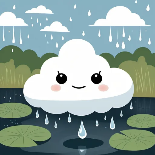 Prompt: The Sad Cloud: An illustration of the little cloud looking down at the pond, with tiny raindrops falling and a frown on its face.