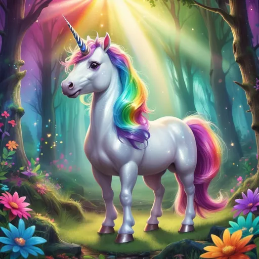 Prompt: Sparkle the Unicorn: A vibrant scene of Sparkle with her silver mane and rainbow horn, standing in the lush, colorful forest of Twinklewood.