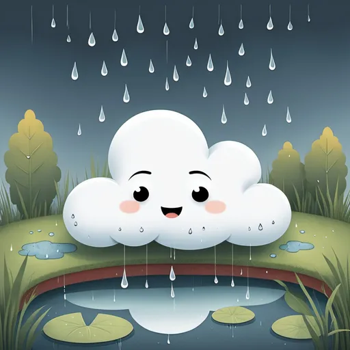 Prompt: The Sad Cloud: An illustration of the little cloud looking down at the pond, with tiny raindrops falling and a frown on its face.