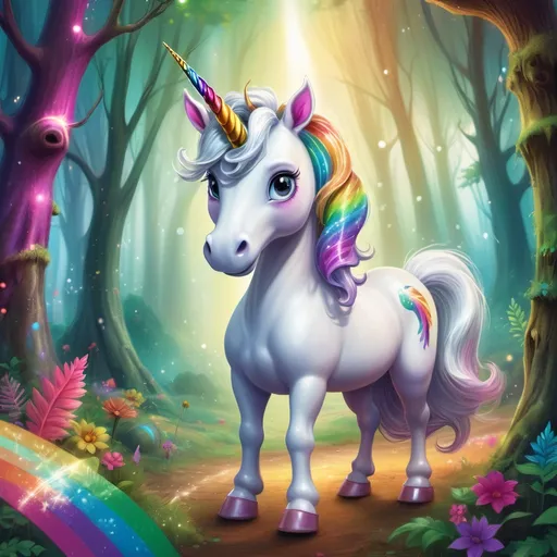 Prompt: Sparkle the Unicorn: A vibrant scene of Sparkle with her silver mane and rainbow horn, standing in the lush, colorful forest of Twinklewood.