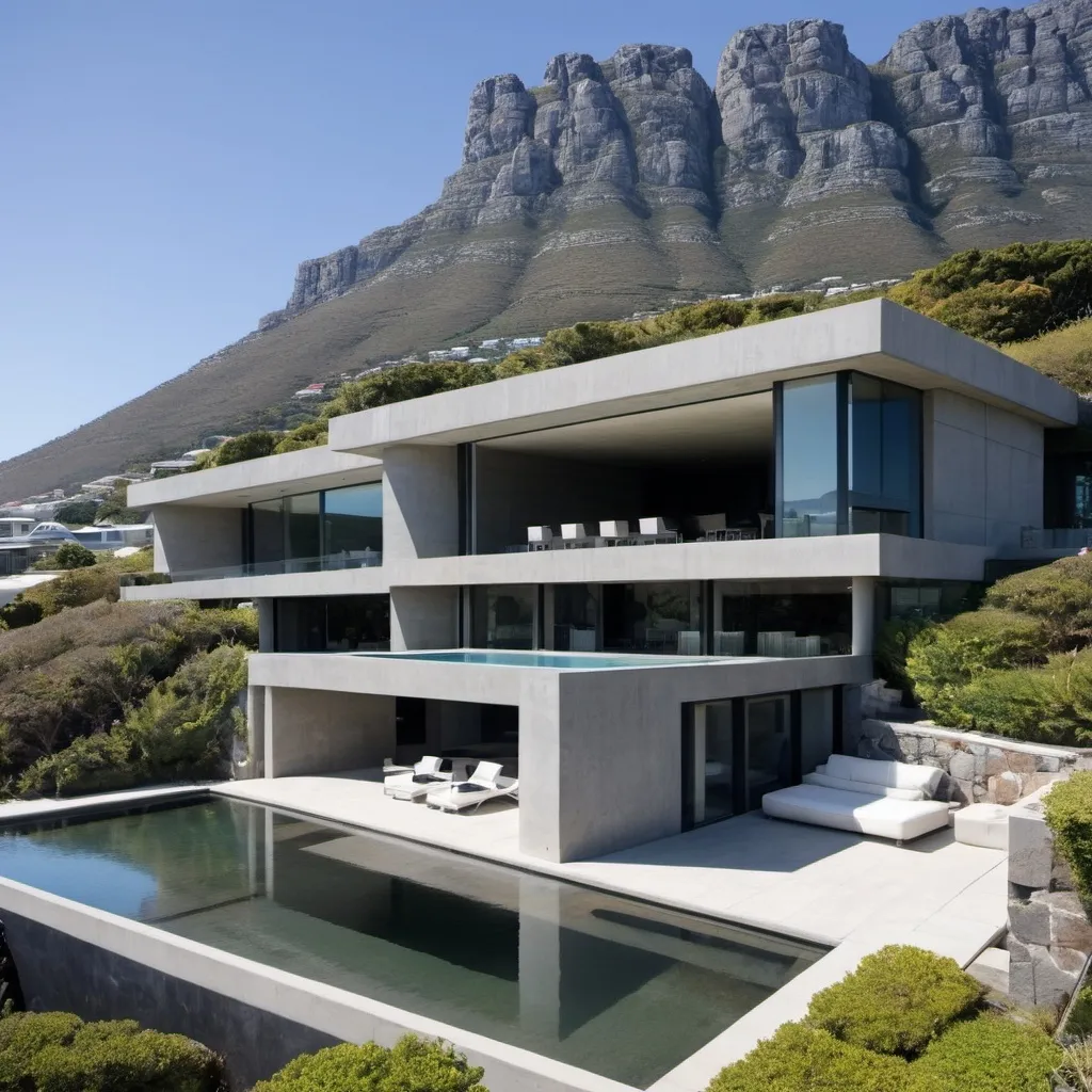 Prompt: Exterior views of Contemporary mansion with styling of Tadao Ando on the slopes of Table Mountain, Cape Town

