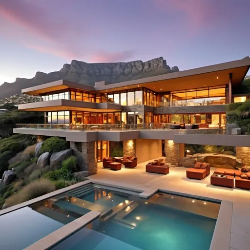 Prompt: Contemporary mansion with styling of Frank Lloyd Wright on the slopes of Table Mountain, Cape Town

