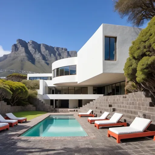 Prompt: Contemporary mansion with styling of Luis Barragan on the slopes of Table Mountain, Cape Town

