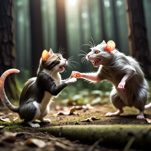 Prompt: Cat and rat fight int the forest 