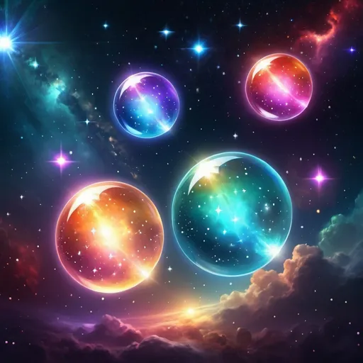 Prompt: Magical orbs floating in space, vibrant and glowing, cosmic view, high quality, digital art, fantasy, celestial setting, scattered stars, colorful elemental orbs, ethereal glow, shimmering cosmic energy, space fantasy, high-res, vibrant colors, magical elements, scattered among the stars, celestial beauty, mystical atmosphere